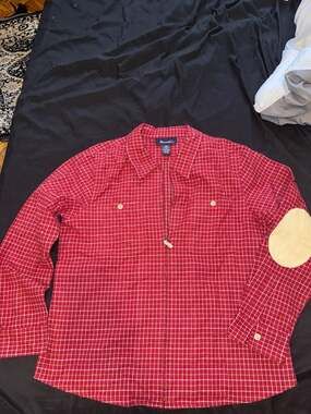 Denim & Co. Red Plaid Zip-Up Flannel Shirt Jacket with Leather Elbow Patches
